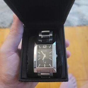 Fossil Men's Black and Silver Rectangular Watch
